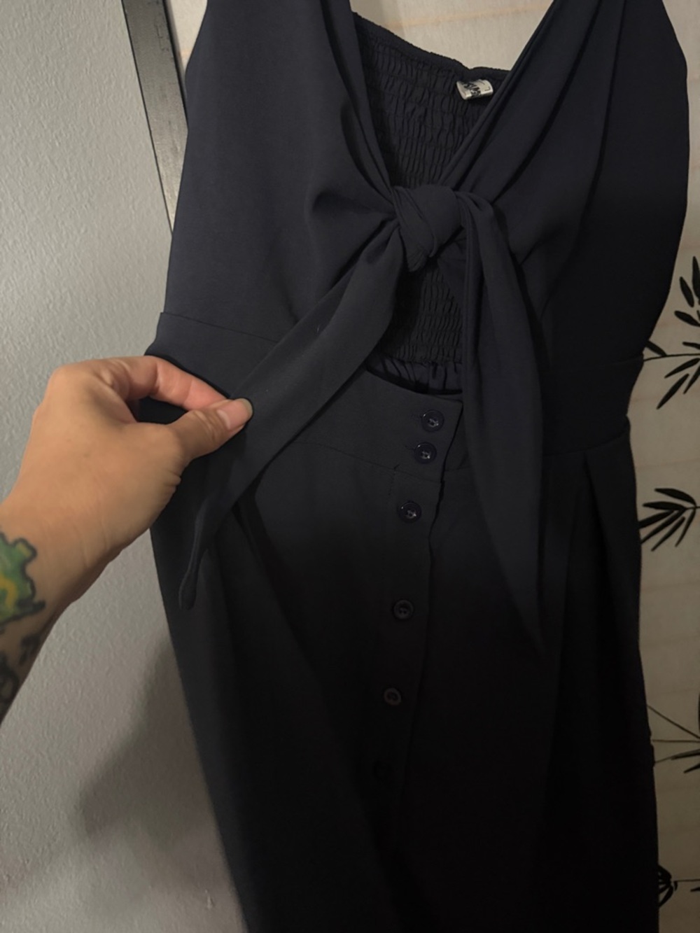 Tie-Front Navy Midi Dress with Adjustable Straps - Picture 2 of 4
